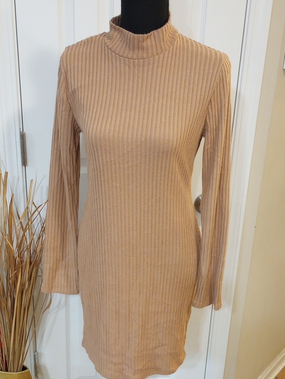 Fashion Nova Ribbed Mock Neck Long Sleeve Dress - Tan